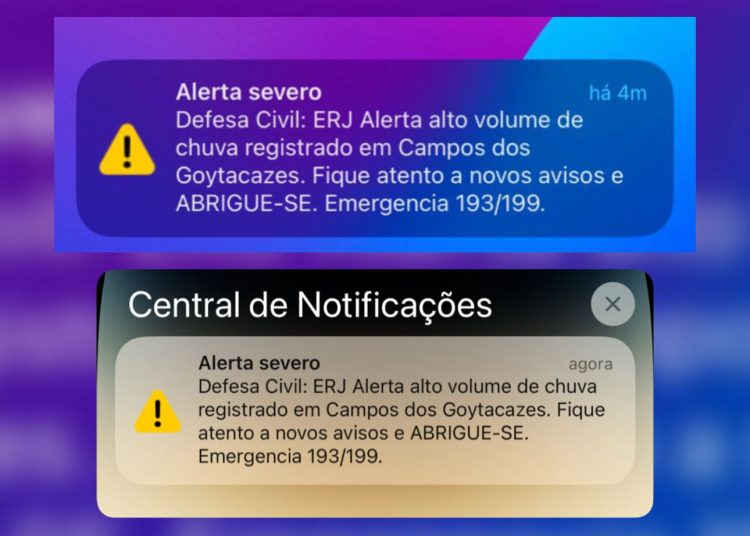 Celulares recebem notificações e Defesa Civil emite alerta severo de chuva para Campos 